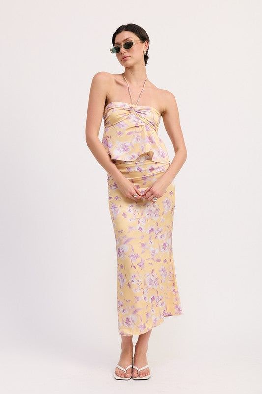 Emory Park Floral Print Ruched Midi Skirt in yellow with purple flowers styled with matching tube top