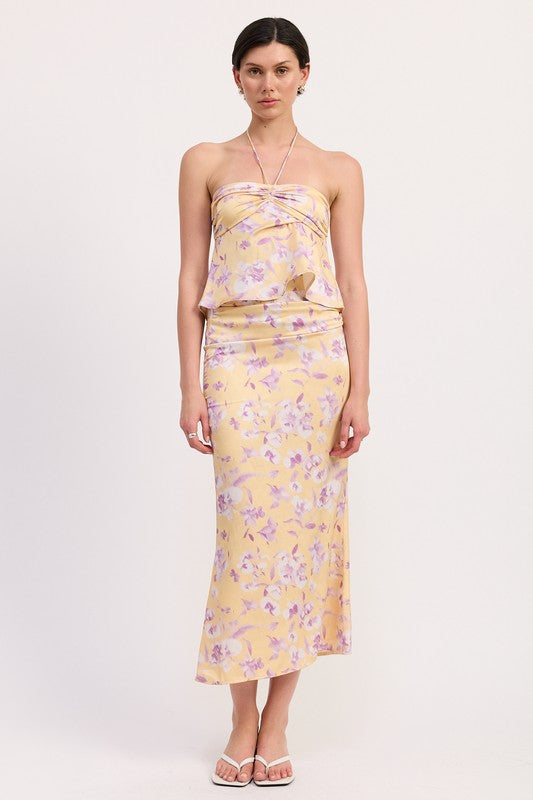 Emory Park Floral Print Ruched Midi Skirt in pastel yellow with purple flowers worn with matching top