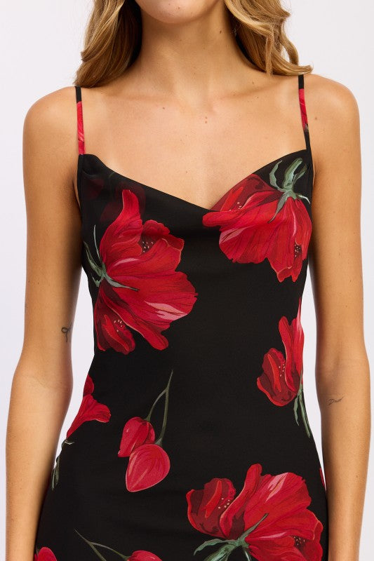 Emory Park Floral Printed Cowl Neck Maxi Dress in black with red floral design and adjustable straps