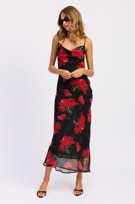 Emory Park Floral Printed Cowl Neck Maxi Dress with Spaghetti Straps and Red Floral Design