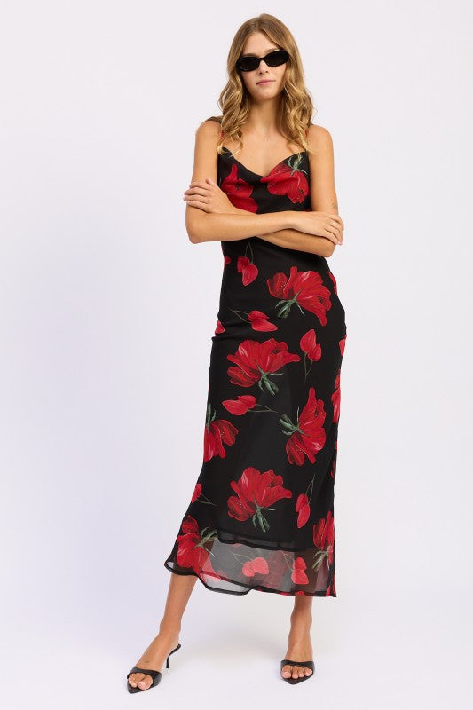 Emory Park Floral Printed Cowl Neck Maxi Dress with Vibrant Red Flowers on a Black Background