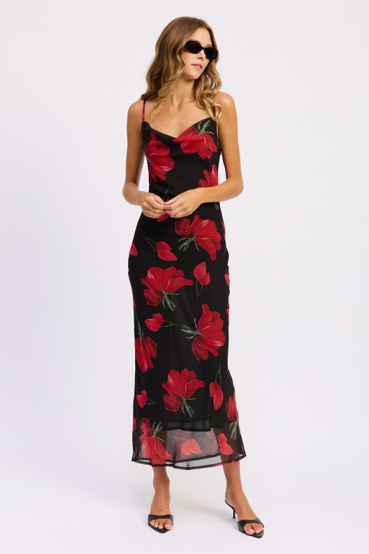 Emory Park Floral Printed Cowl Neck Maxi Dress in black with vibrant red flowers for a stylish summer look