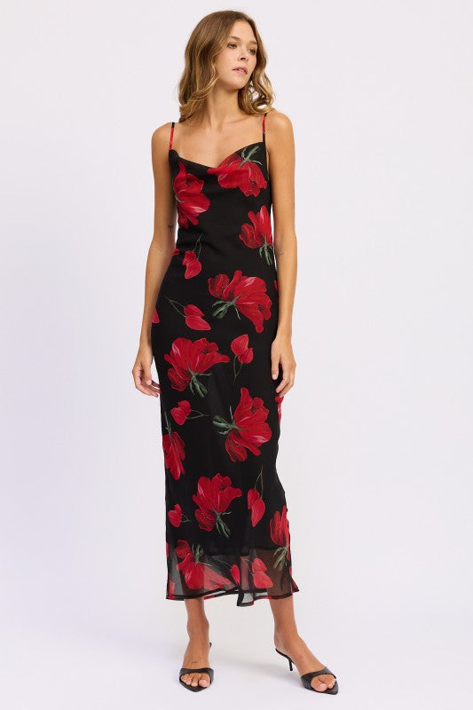 Emory Park Floral Printed Cowl Neck Maxi Dress with Red Flowers on Black Fabric
