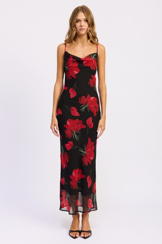 Emory Park Floral Printed Cowl Neck Maxi Dress in Black with Red Floral Design for a Chic Summer Look