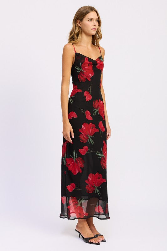 Floral Printed Cowl Neck Maxi Dress by Emory Park with elegant red flower design on a black background