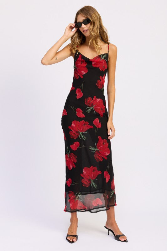 Emory Park Floral Printed Cowl Neck Maxi Dress with Red Flower Design for Elegant Summer Outfits
