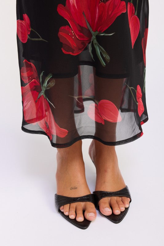 Floral Printed Cowl Neck Maxi Dress featuring a flowy design and vibrant red floral patterns