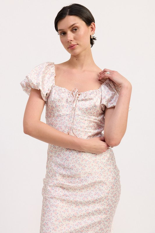 Emory Park Floral Puff Sleeve Midi Dress with square neckline and delicate floral print
