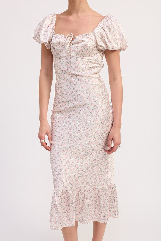 Emory Park Floral Puff Sleeve Midi Dress with puffed sleeves and ruffle hem in light floral print