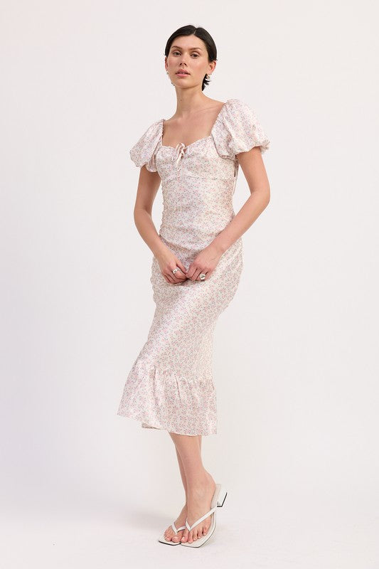 Emory Park Floral Puff Sleeve Midi Dress with square neckline and ruffled hem in light floral print