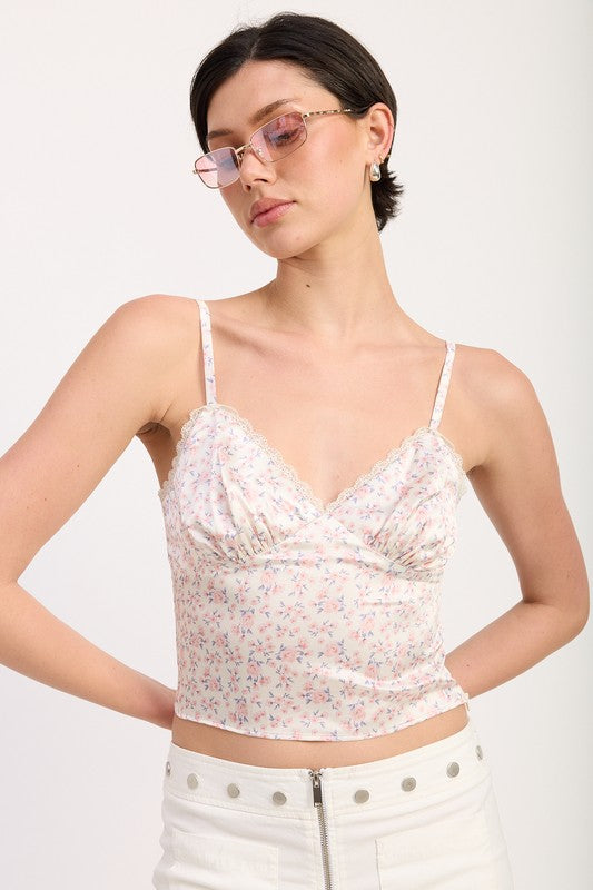 Emory Park Floral Satin Cami Top with Lace Trim in soft pastel floral print worn with white pants