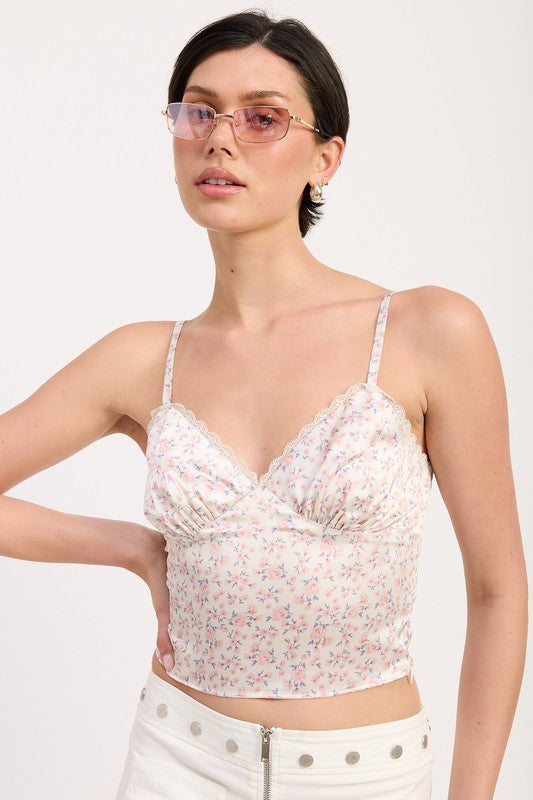 Emory Park Floral Satin Cami Top with Lace Trim featuring delicate pink floral print and adjustable straps