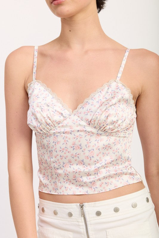 Emory Park Floral Satin Cami Top with Lace Trim featuring delicate pink floral print and adjustable straps close up