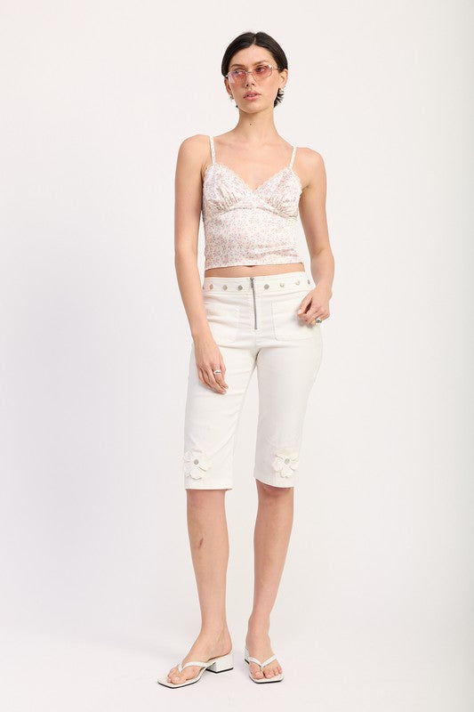 Emory Park Floral Satin Cami Top with Lace Trim worn by model paired with white cropped pants and sandals