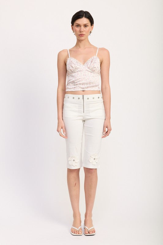 Emory Park Floral Satin Cami Top with Lace Trim worn by model paired with white shorts and sandals