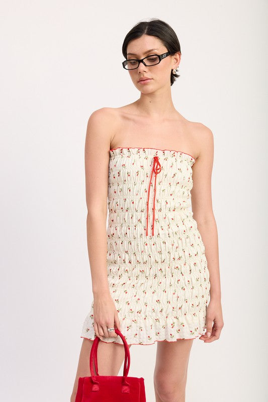 Emory Park Floral Smocked Tube Dress in cream with red floral print and red drawstring detail