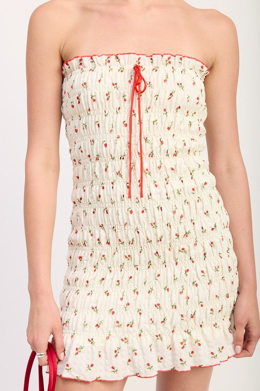 Emory Park Floral Smocked Tube Dress with small red flower print and red detailing on white fabric