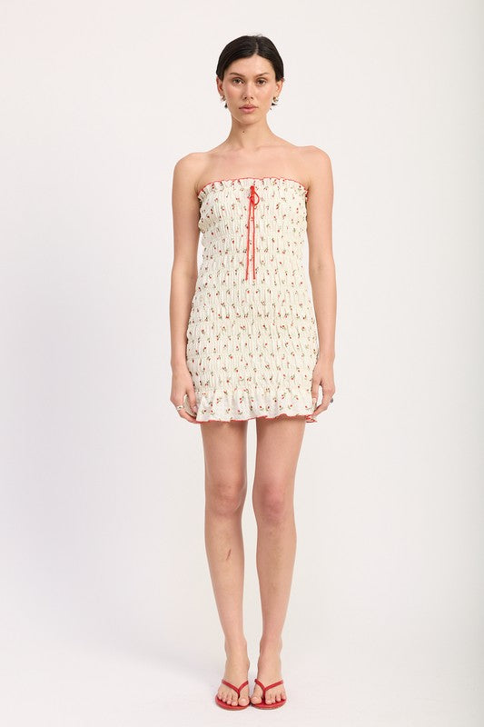 Emory Park Floral Smocked Tube Dress in white with red floral print and adjustable front tie