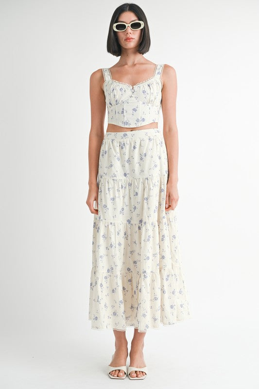 Emory Park Floral Squared Neck Top in cream with blue floral print worn with matching tiered skirt