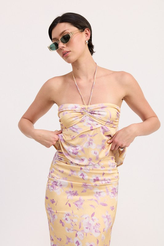 Emory Park Floral Strapless Ruched Halter Top in yellow with purple floral print worn by model