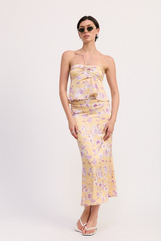 Emory Park Floral Strapless Ruched Halter Top in yellow with purple floral print styled with matching skirt and sunglasses