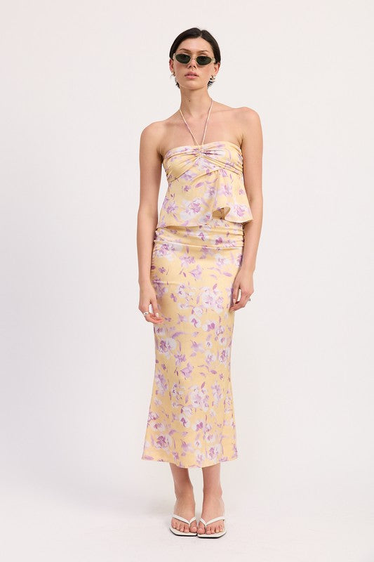 Emory Park Floral Strapless Ruched Halter Top in yellow with purple floral print styled with matching skirt