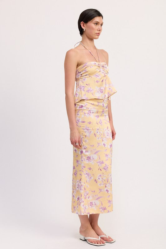 Emory Park Floral Strapless Ruched Halter Top in yellow with purple flowers paired with matching skirt