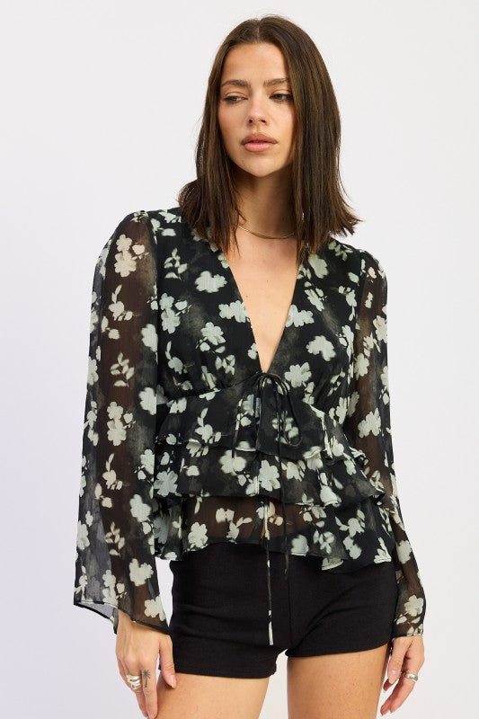 Emory Park Floral Tie Front Ruffled Blouse with Bell Sleeves in Black and White Floral Pattern