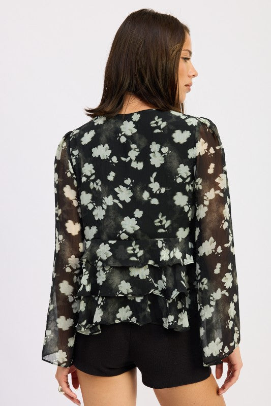 Emory Park Floral Tie Front Ruffled Blouse with Bell Sleeves and Layered Design in Black