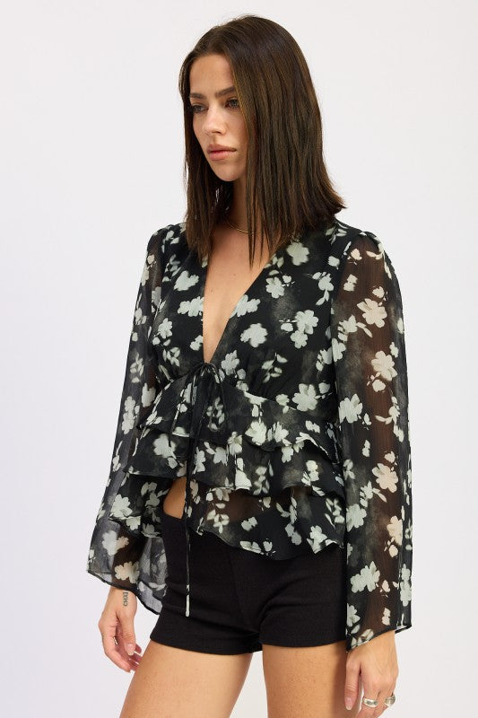 Emory Park Floral Tie Front Ruffled Blouse with long sleeves and tiered design in black and white
