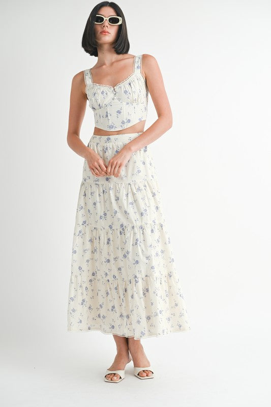 Emory Park Floral Tiered Maxi Skirt in cream with blue floral print worn with matching crop top