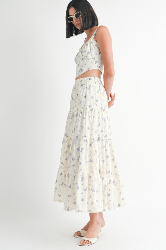 Emory Park Floral Tiered Maxi Skirt in white with blue floral print worn with matching crop top