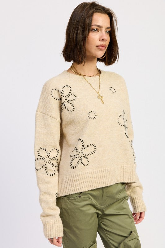 Emory Park Floral Whipstitch Sweater in Beige with Floral Design and Ribbed Cuffs