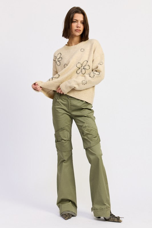 Emory Park Floral Whipstitch Sweater in beige with floral embroidery and relaxed fit