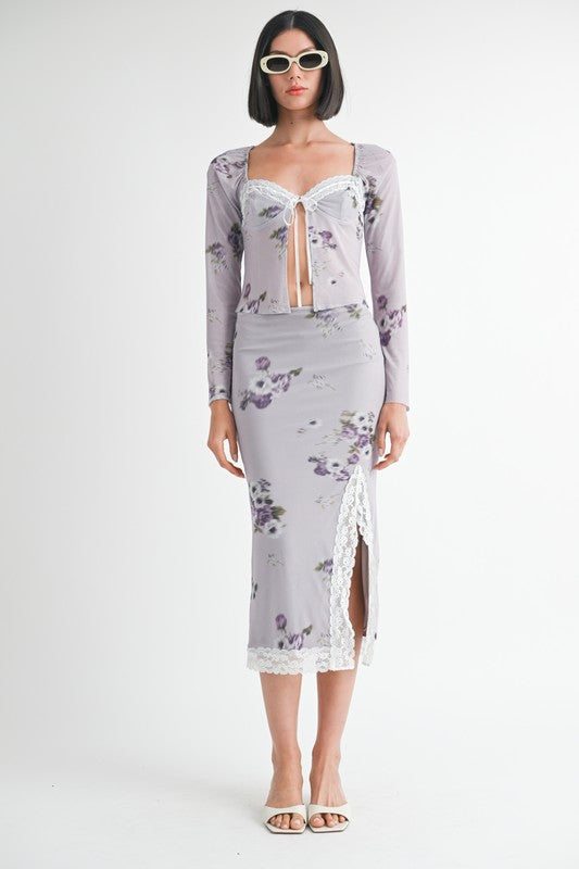 Emory Park Fly Away Floral Top With Lace worn by model with matching skirt and white sandals
