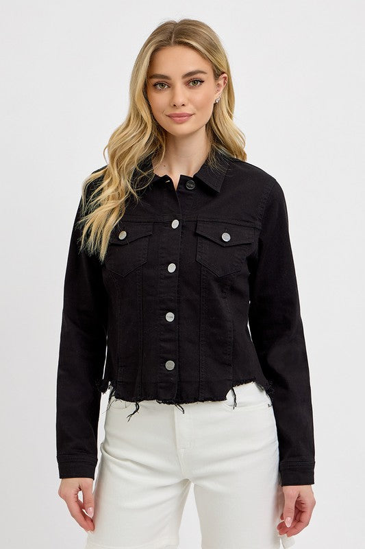 Black Fray Hem Denim Jacket with Button Closure and Two Front Pockets for a Stylish Look