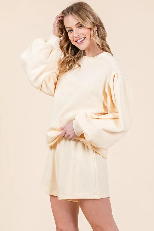 Lime N Chili French Terry Sweatshirt and Shorts Set in light beige with puff sleeves and relaxed fit