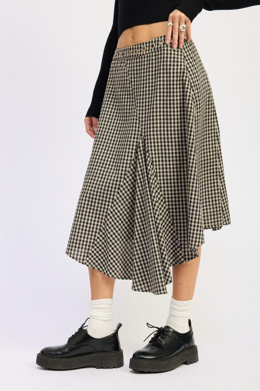 Emory Park Gingham Grommet Asymmetrical Skirt in black and white with a flowy design and stylish pleats