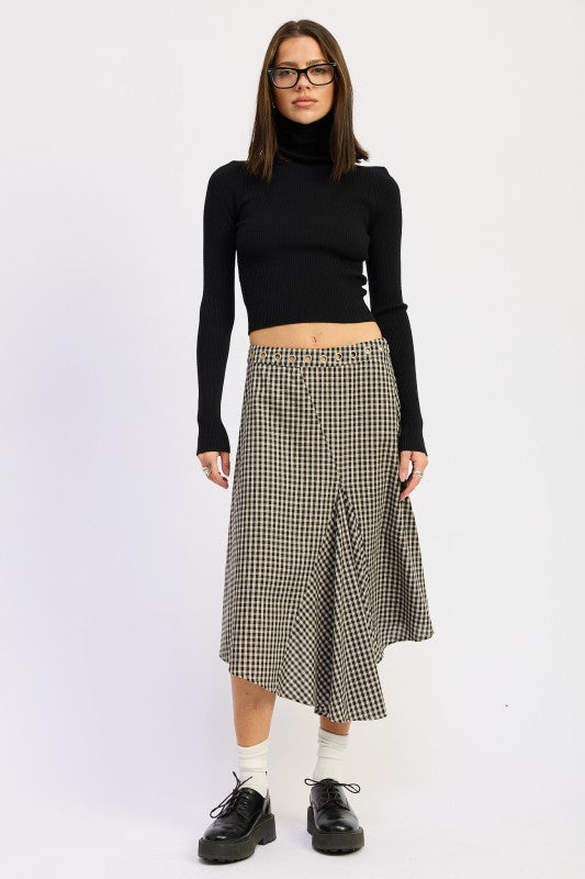 Emory Park Gingham Grommet Asymmetrical Skirt with a trendy design, styled with a black cropped top and shoes
