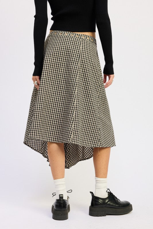 Emory Park Gingham Grommet Asymmetrical Skirt in black and white with a flowing hem and stylish design
