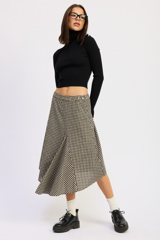 Emory Park Gingham Grommet Asymmetrical Skirt in Black and White with a Flowing Design
