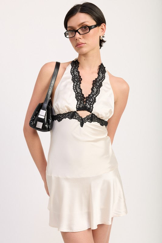 Emory Park Halter Mini Dress With Lace Trim ivory satin with black lace V neckline and underbust cutout
