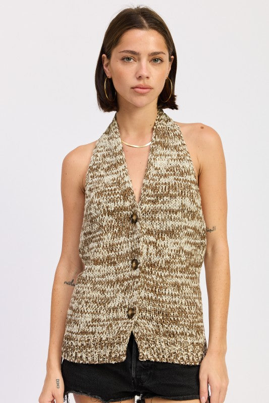 Stylish Halter Neck Button Front Knit Top by Emory Park in Taupe