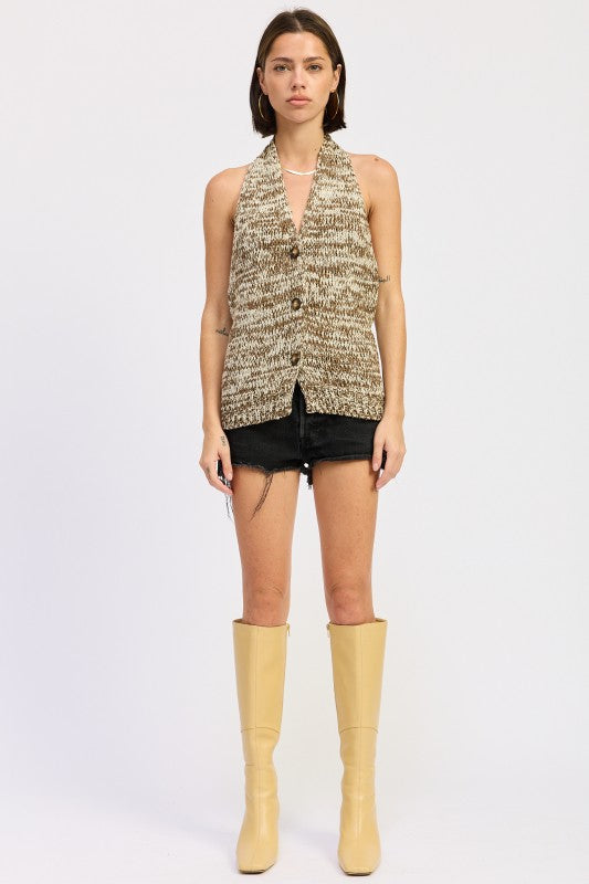 Halter Neck Button Front Knit Top in Taupe with a Comfortable Fit and Styled with Shorts
