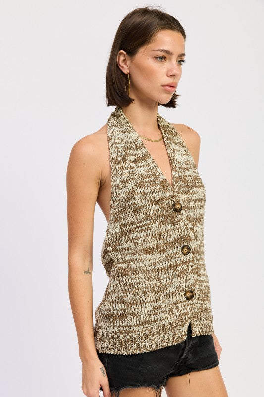 Emory Park Halter Neck Button Front Knit Top in Taupe with semi-sheer fabric for a stylish look