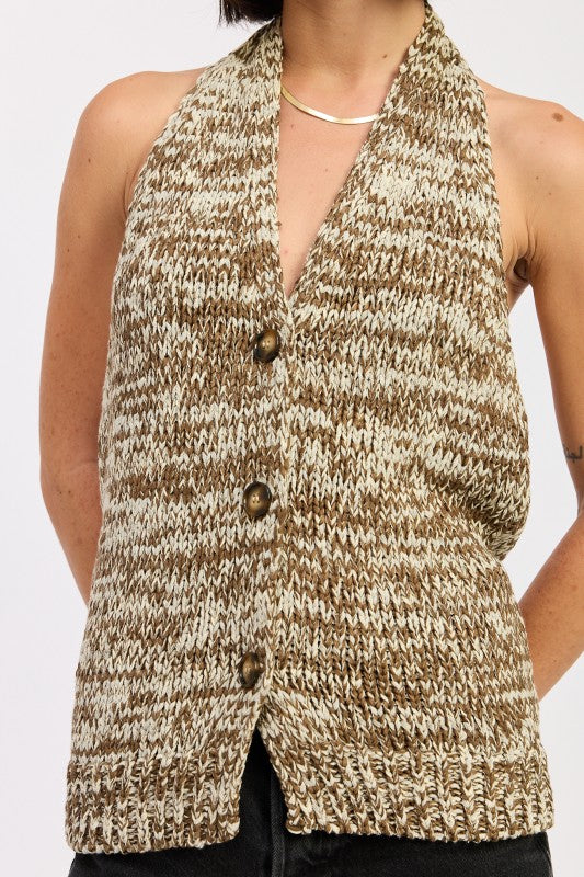 Halter Neck Button Front Knit Top in Taupe with a cozy textured design