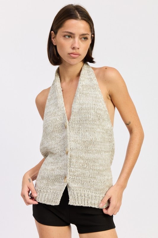 Emory Park Halter Neck Button Front Knit Top in Grey with a comfortable fit