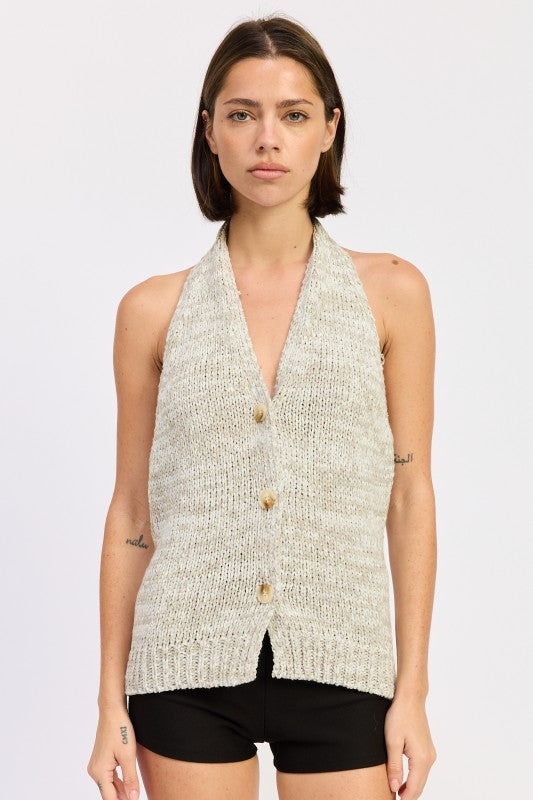 Halter Neck Button Front Knit Top by Emory Park in Grey, perfect for casual and stylish outfits