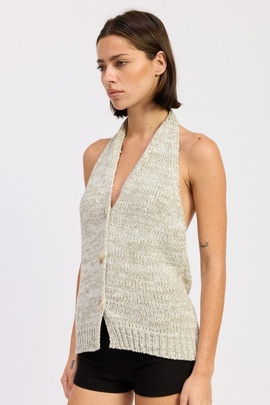 Halter Neck Button Front Knit Top by Emory Park in a soft Grey color with a relaxed fit