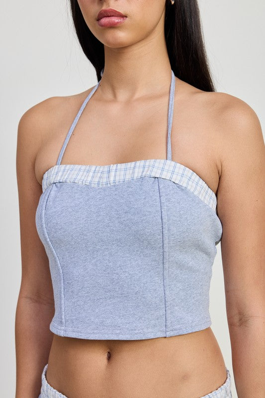 Emory Park halter neck cropped top in light gray with plaid trim and thin neck straps